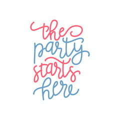 Starts here - hand drawn wedding romantic lettering phrase isolated on the white background. Fun brush ink vector calligraphy quote for invitations, greeting cards design, photo overlays