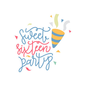 Sweet sixteen. Happy Birthday lettering sign. Design elements for postcard, poster, graphic, flayer. Simple vector brush calligraphy. Stock illustration Isolated on white background.