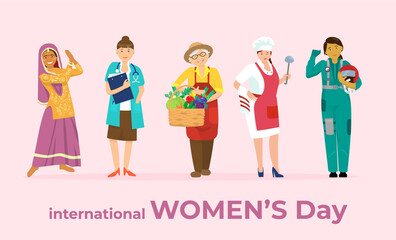 International women's day greeting card. Vector illustration of women of different races and professions.