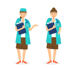 Woman doctor in different positions.  Hand in pocket and showing something.