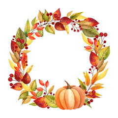 Autumn frame with leaves, berries and pumpkin. Watercolor illustration of a wreath. 