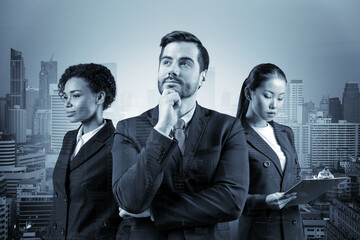 Group of three business partners in suits dreaming and looking for new opportunities to succeed....