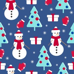 New year seamless pattern with a snowman, Christmas tree, gift, mittens and snowflakes on a blue background