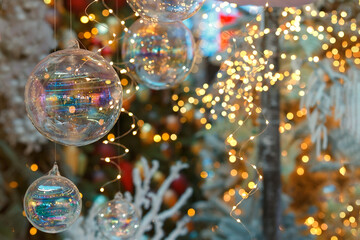 Christmas tree decoration close-up on a background of lights