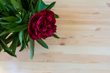 bouquet of burgundy peonies on a wooden