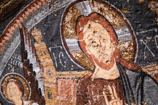 Jesus Christ painted with oils inside cave church in Cappadocia, Turkey