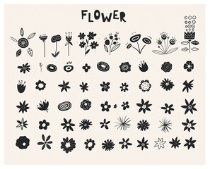 Plants Ink Rubber Stamp Graphics. Handcrafted Branches Floral. Wildflowers - Handdrawn. Set of silhouettes of flowers. Black icons of buds isolated on white background. Set of decorative floral design
