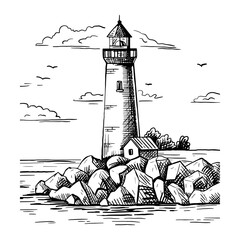 A lighthouse on a rocky shore. Hand drawn sketch. Vintage style. Black and white vector illustration isolated on white background.