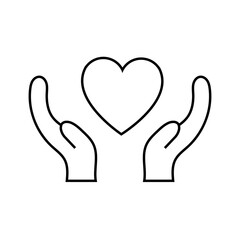 Black and white linear simple icon of a beautiful heart in hands for the holiday of love on Valentine's Day or March 8. illustration
