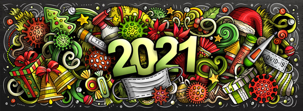 2021 Cartoon cute doodles New Year and Coronavirus illustration.