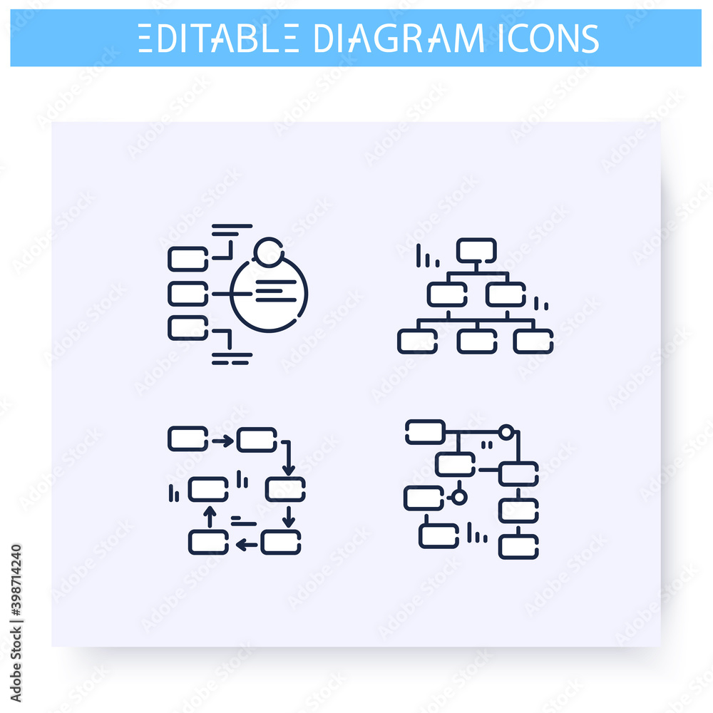 Aufkleber section diagram types line icons set. business, management, structure visualisation. infographic, pr