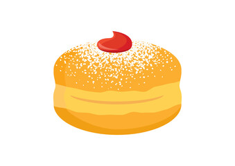 Sufganiyah round jelly doughnut with powdered sugar icon vector. Hanukkah donut vector. Hanukkah jelly doughnut icon isolated on a white background. Traditional donut with jam and icing sugar clip art