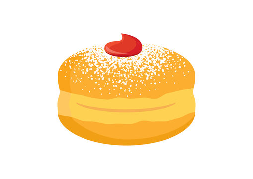 Sufganiyah round jelly doughnut with powdered sugar icon vector. Hanukkah donut vector. Hanukkah jelly doughnut icon isolated on a white background. Traditional donut with jam and icing sugar clip art