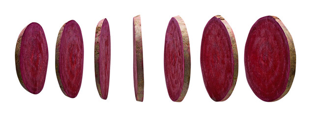 Beetroot slices isolated on white background, levitating