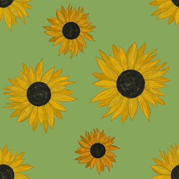Hand drawing painted sunflowers seamless pattern on green background. Utensil, cutlery, kitchen, packaging, tableware, cloth, wallpaper, textile design