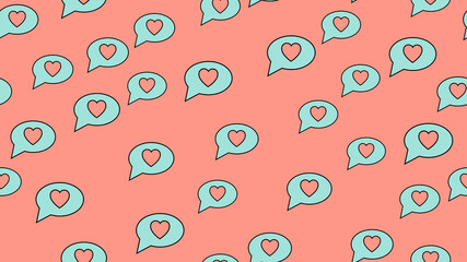 Texture endless seamless pattern from flat icons of dialog clouds with hearts, love items for the holiday of love Valentine's Day on February 14 or March 8 on a pink background. illustration