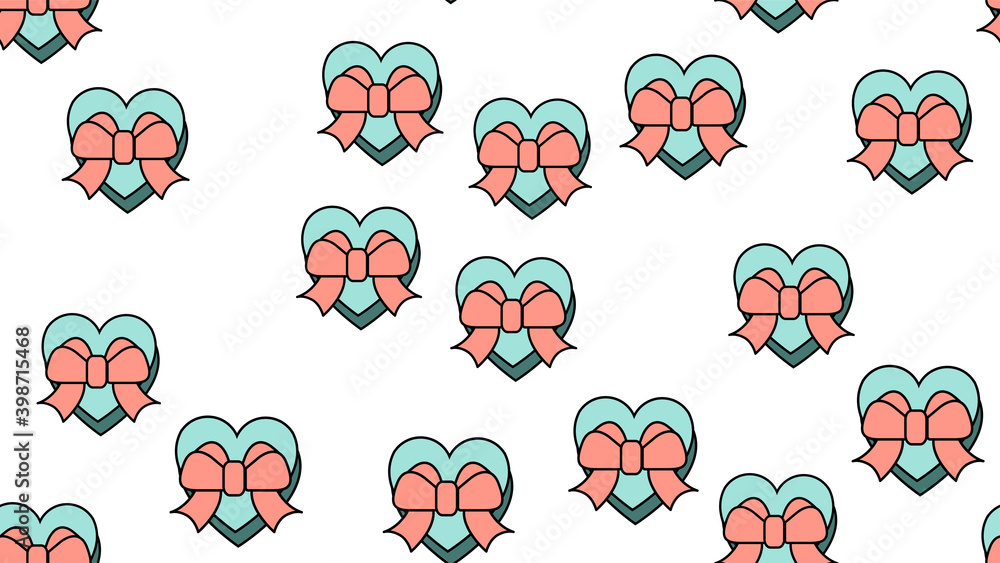 Poster texture seamless pattern of flat icons of boxes in the shape of hearts with bows, love items for the