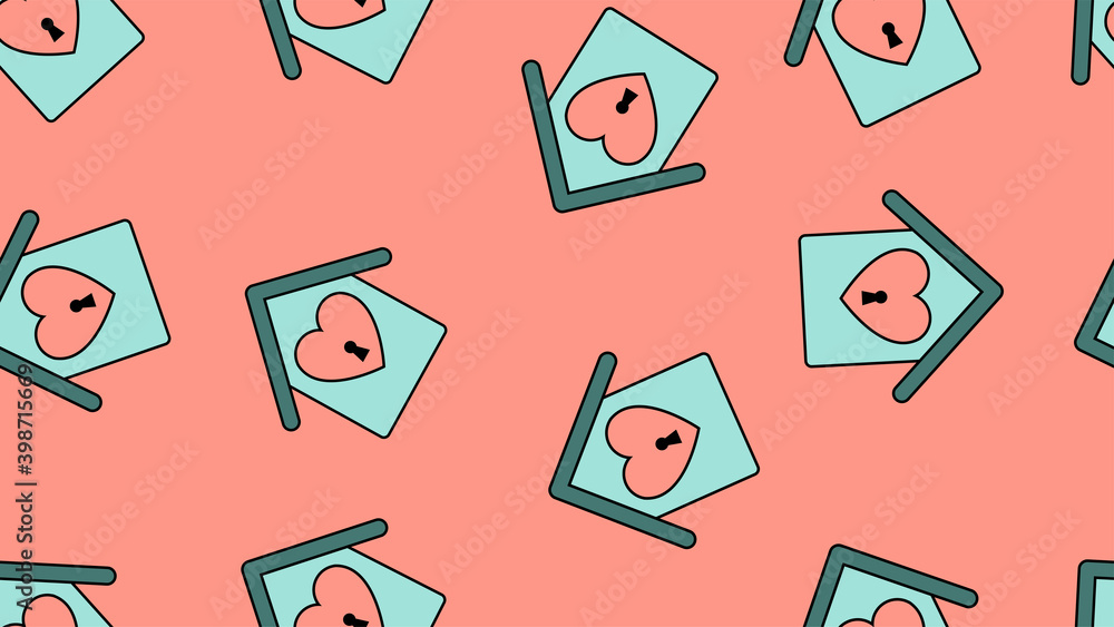 Poster texture endless seamless pattern from flat icons of a house with hearts of love objects for the holi