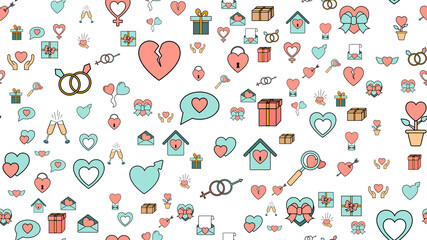 Texture seamless pattern from a set of love items with hearts and gifts for the holiday of love Valentine's Day February 14 or March 8 on a white background. illustration