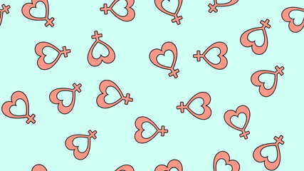 Texture seamless pattern of flat icons of hearts with the sign of a woman, love items for the holiday of love Valentine's Day February 14 or March 8 on a blue background. illustration