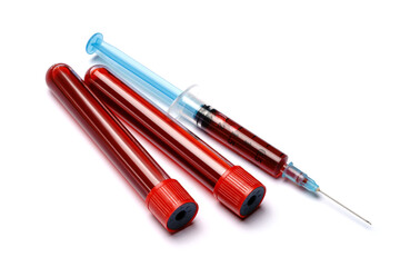 Medical syringe and plastic test tube isolated on white background