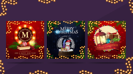 Set of Christmas square postcards with round greeting symbols decorated with Christmas icons