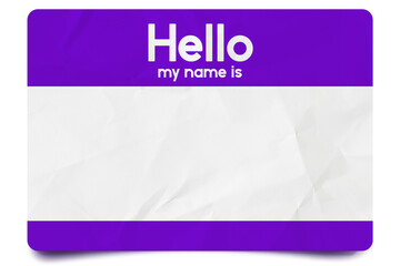 Purple hello my name is name tag blank template © psdgraphicscom