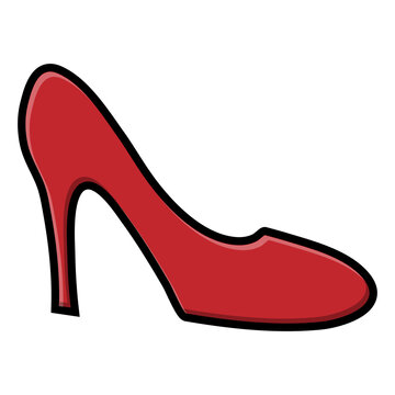 Beautiful colored flat icon of beautiful fashionable glamorous red high-heeled women shoes with stilettos isolated on white background. illustration