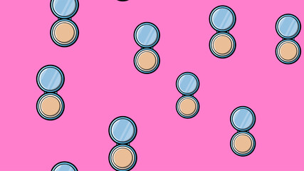 Texture endless seamless pattern of beautiful fashionable glamorous round powder boxes with a mirror to inspire beauty, isolated on a pink background. illustration