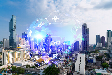 Research and development hologram over panorama city view of Bangkok, hub of new technologies to...