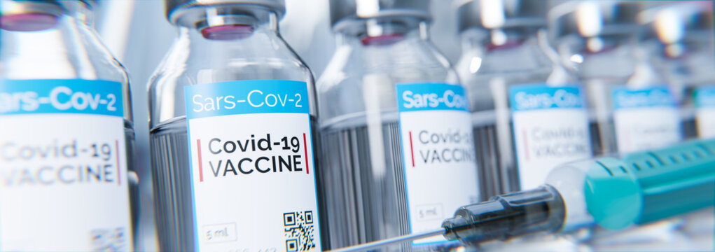 Coroa-Impfstoff gegen Sars-Cov2, Covid-19 in Flasche mit Spritze in Labor oder Krankenhaus