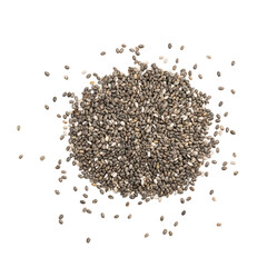 Pile of chia seeds seen directly from above and isolated on white background