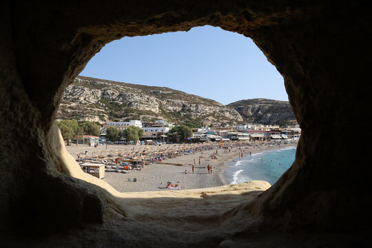 The beach of Matala in Crete seen from a cave, Greece