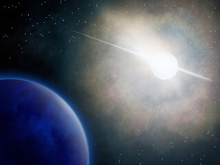 Supernova explosion. Star explosion. Disaster in space. Blue planet. Space illustration.