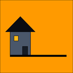 Abstract cartoon house over bright orange/yellow background. Simple and minimalist design.