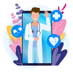 Male doctor online. Internet medicine, video call on a smartphone. Healthcare via web communications.