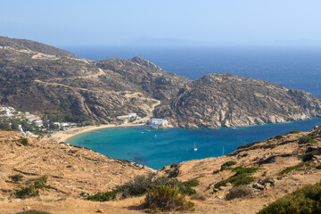 Top view of Mylopotas Beach, the most popular beach on Ios Island. Cyclades, Greece