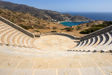 The open-air theatre Odysseas Elytis made of stone and marble in the ancient Greek style on Ios...