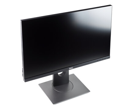 Belarus, Brest - June 03, 2019:Black Dell P2418D monitor screen isolated on white background.Side view
