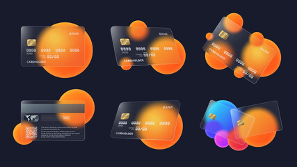 Transparent bank cards. Glass credit card with abstract circles and soft matte transparency effect vector illustration set