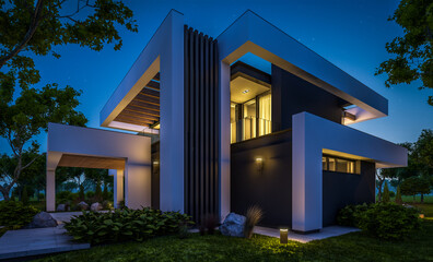 Fototapeta premium 3d rendering of modern cozy house with pool and parking for sale or rent in luxurious style and beautiful landscaping on background. Clear summer night with many stars on the sky.