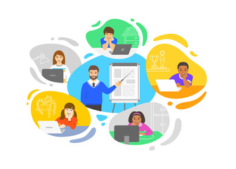 Virtual class online school distance learning teleconference. Kids stay home watching man teacher video lesson. Remote education during coronavirus pandemic. Learning school program from home