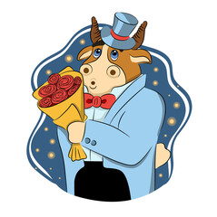 Cartoon romantic bull with a bouquet dressed in a suit and top hat. Vector illustration of funny animal. Symbol of 2021. Isolated on white.