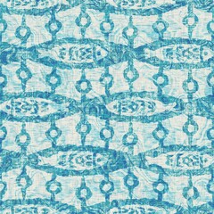 Teal blue fish weathered grunge nautical texture background. Summer coastal living farmhouse home decor tile. Rustic sea life fishes material. Worn turquoise dyed beach textile seamless pattern.
