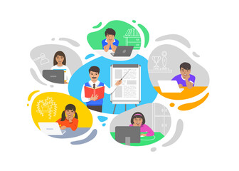Virtual class online school distance learning teleconference. Kids stay home watching indian man teacher video lesson. Remote education during coronavirus pandemic. Learning school program from home