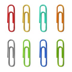 3d realistic colorful collection of paperclips. Isolated on white background.