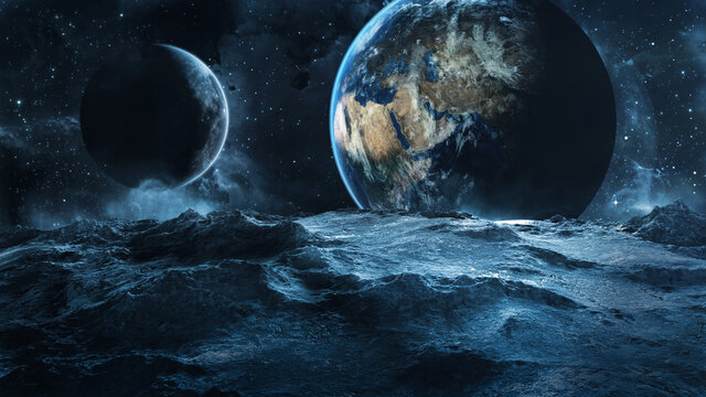 View from asteroid on earth with moon 3D Illustration