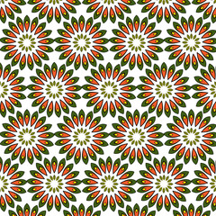 orange green leaves yellow background pattern vintage textile retro flowers Print