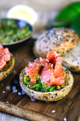 Salmon avocado sandwiches on healthy seed buns. Healthy snack. The keto diet.