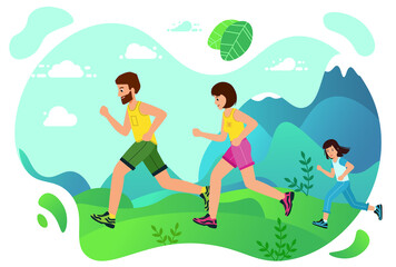 Obraz na płótnie Canvas Family Jogging in the Park. Concept happy family child-rearing. Outdoor training, athletics. Healthy active lifestyle. Vector illustration in modern flat style.